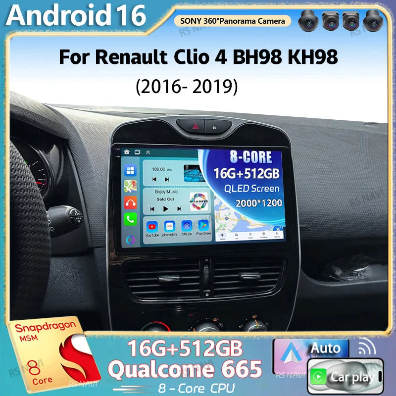 Android 16 For Renault Clio 4 BH98 KH98 2016- 2019 2K QLED Android Car Radio Multimedia Vi