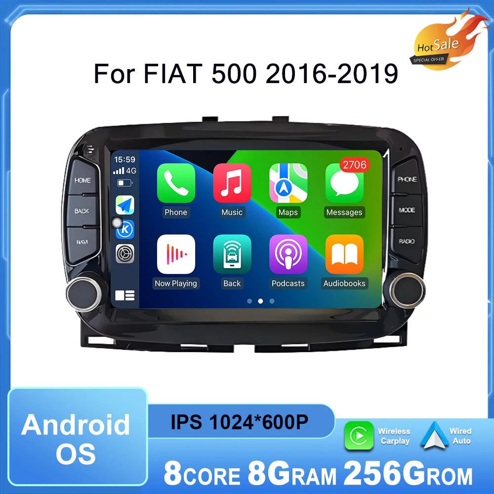 Car Radio for FIAT 500 2016-2019 Intelligent Multimedia Player Android Auto Wireless CarPl