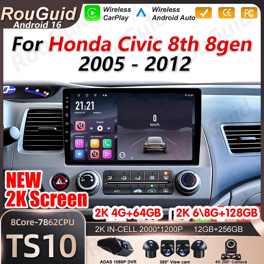 Android 16 Auto Carplay For Honda Civic 8th 8gen 2005 2006 2007 - 2012 Car Radio BT 5G Vid | AUTOKITSHOP