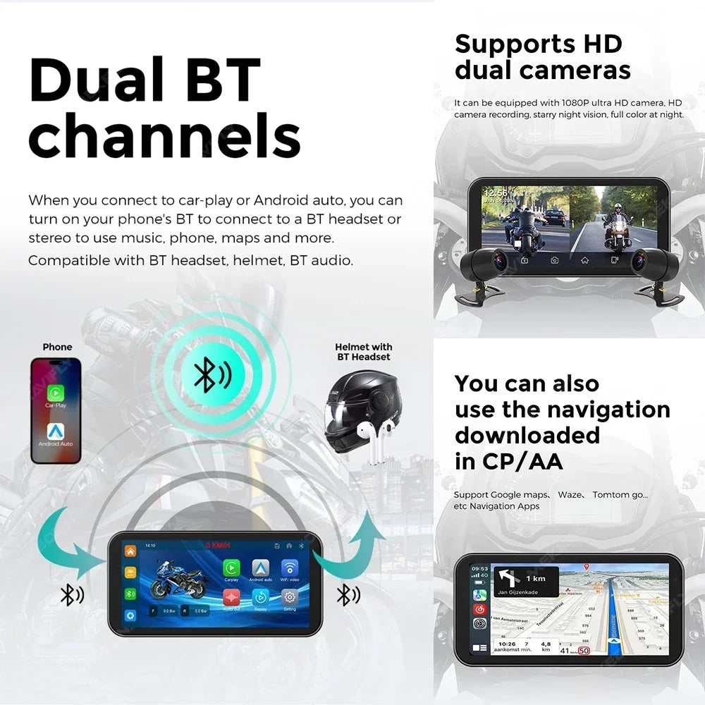 6.25Inch Wireless Android Auto CarPlay Motorcycle Portable Navigation GPS IP67 Waterproof  | AUTOKITSHOP