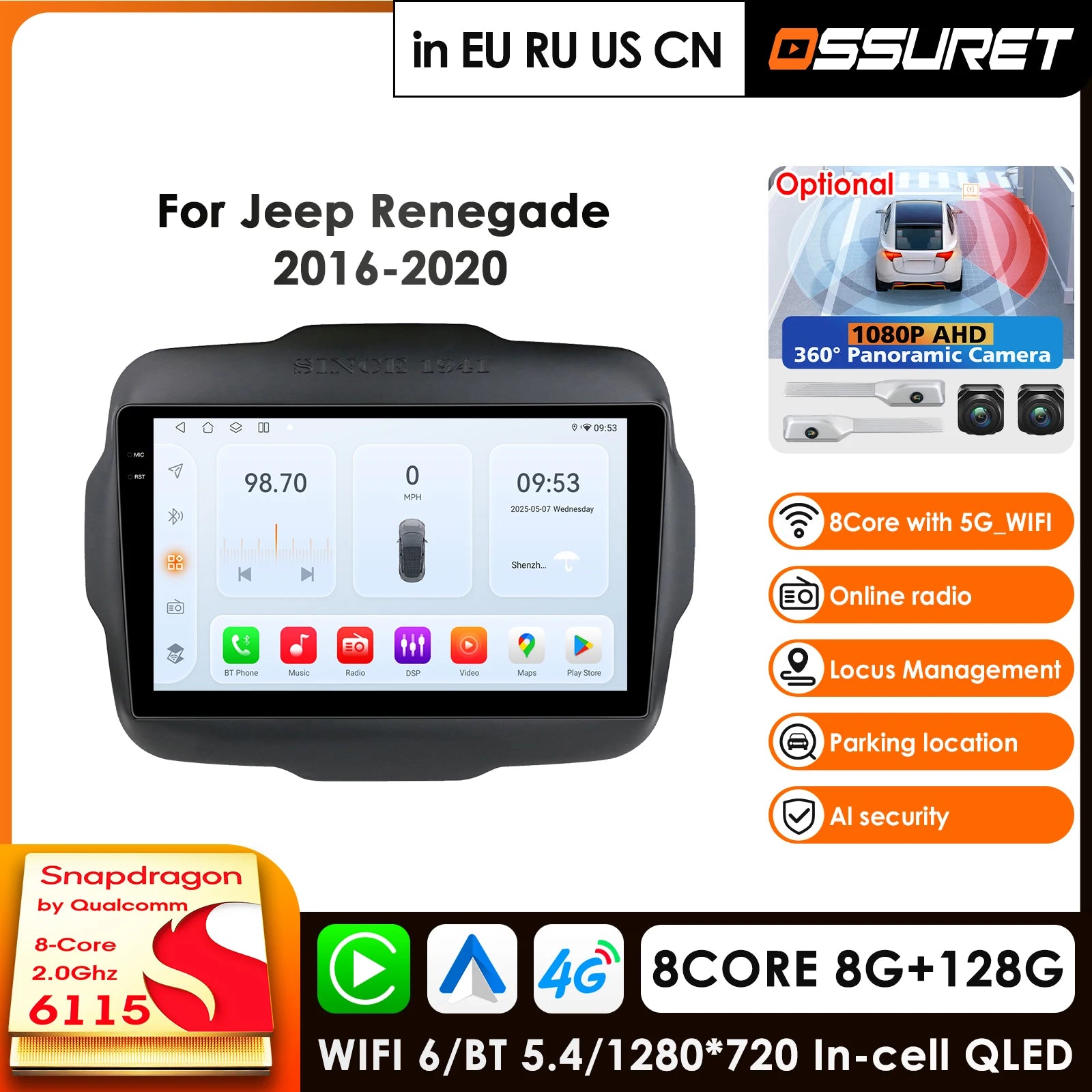 9" Car Radio GPS for Jeep Renegade 2016-2020 Android Auto Carplay 2Din Multimedia Video Player Navigation Stereo DSP