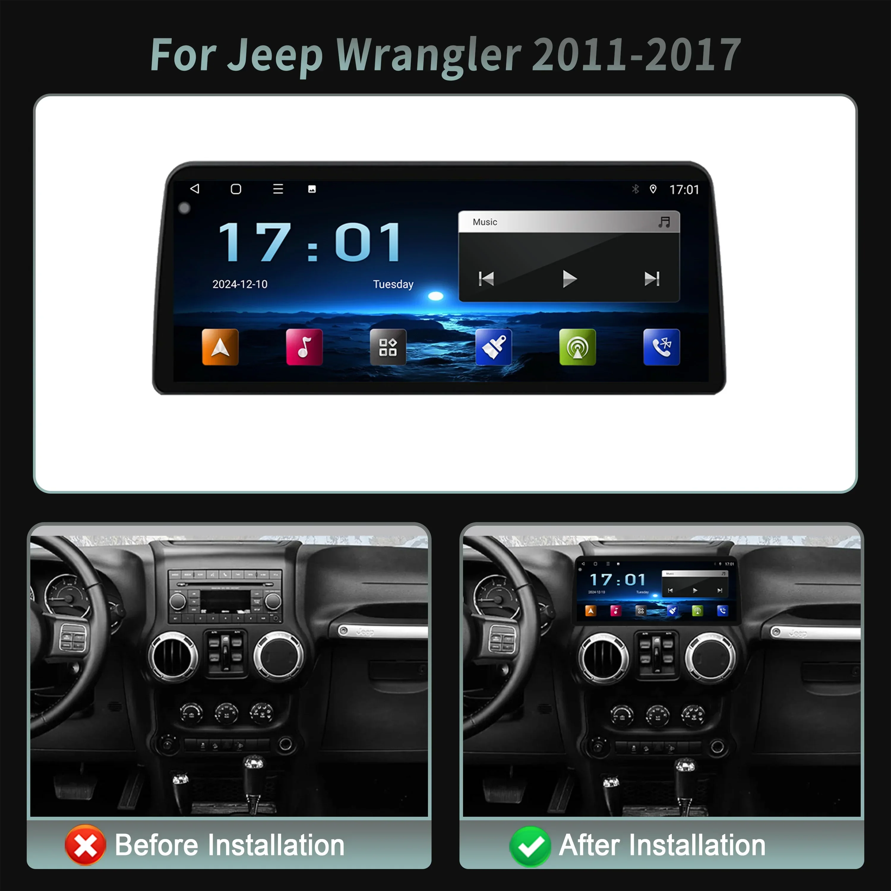 For Jeep Wrangler 2011-2017 12.3inch Car Radio Stereo Android 14 Multimedia Navigation 4G