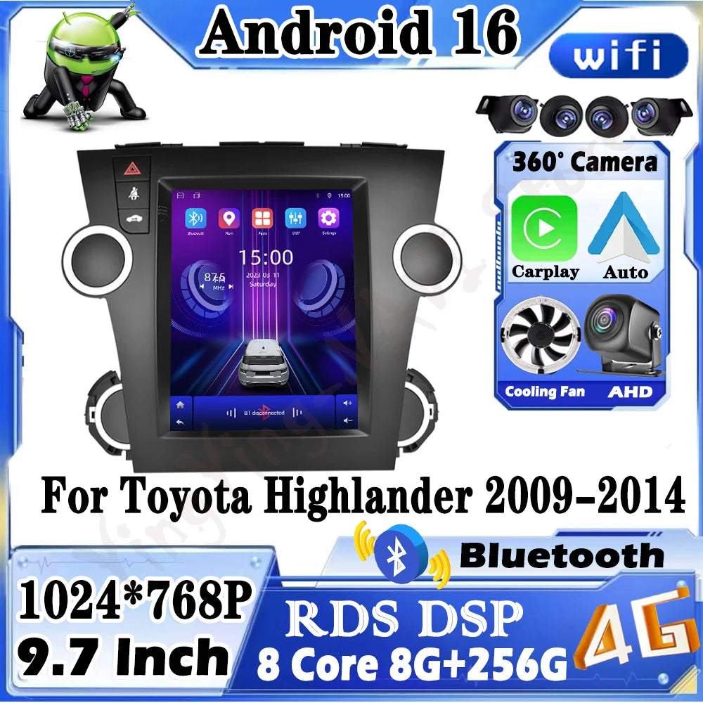 Android 16 Wireless Carplay For Toyota Highlander 2009-2014 GPS Navigation DSP Stereo Auto