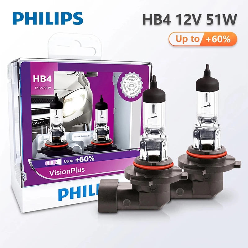 Philips 9006 HB4 VisionPlus 12V 55W P22d Halogen Car Headlight VP +60% More Bright Light A
