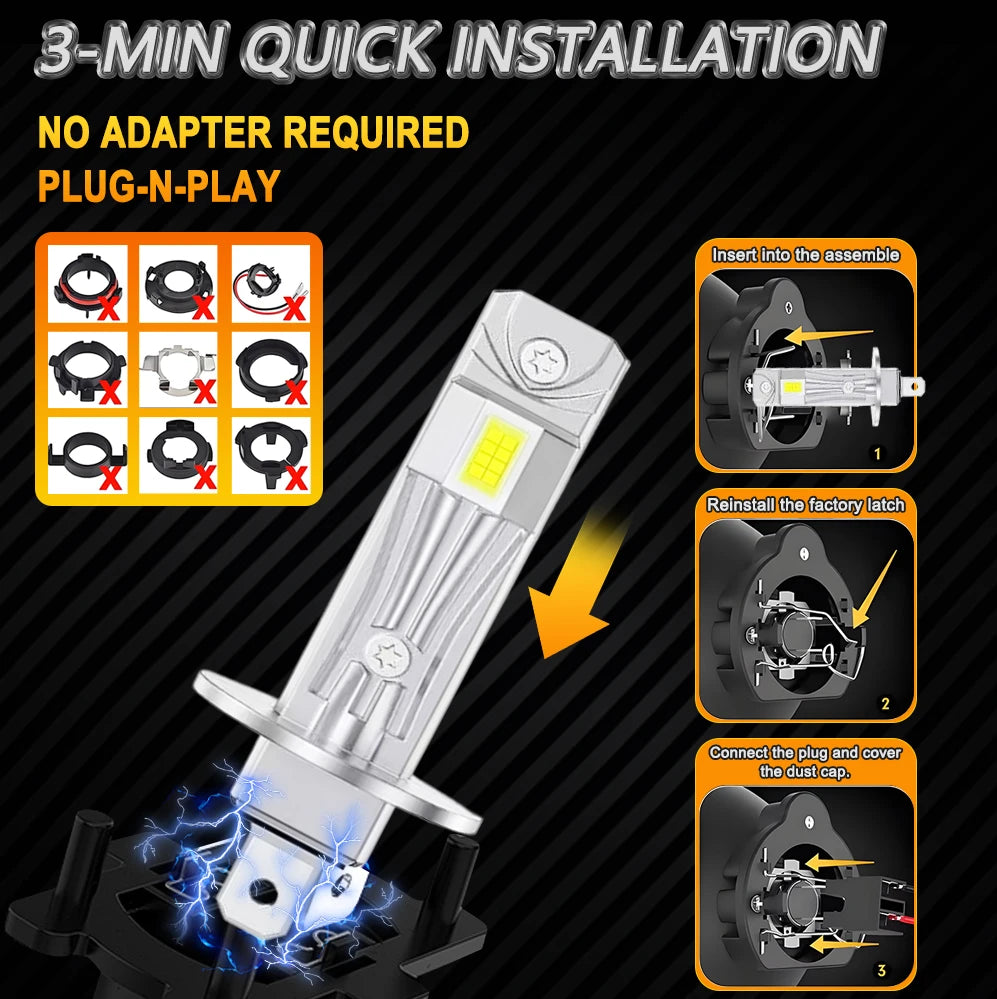 H1 LED Headlights 200W 9084 CSP H1 LED Auto Light Canbus 1: 1 Size Fanless Wireless Mini H