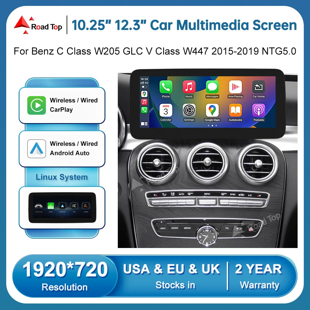 Wrieless CarPlay Android Auto Car Multimedia Screen For Mercedes-Benz W205 W176 GLC A C V  | AUTOKITSHOP