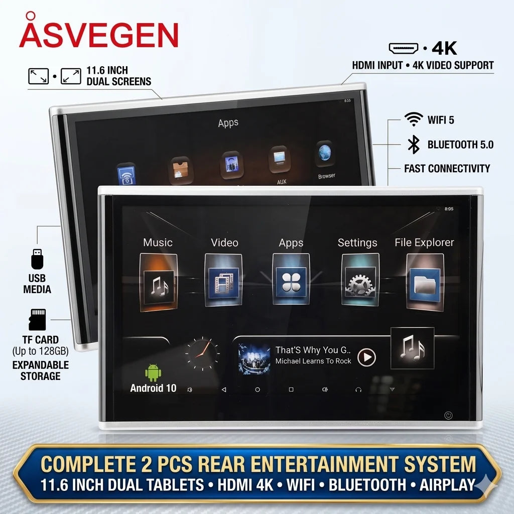 Universal 11.6" 4K Android 16 Headrest Monitor Wireless Mirroring 8-Core 4G 64G HDMI WiFi