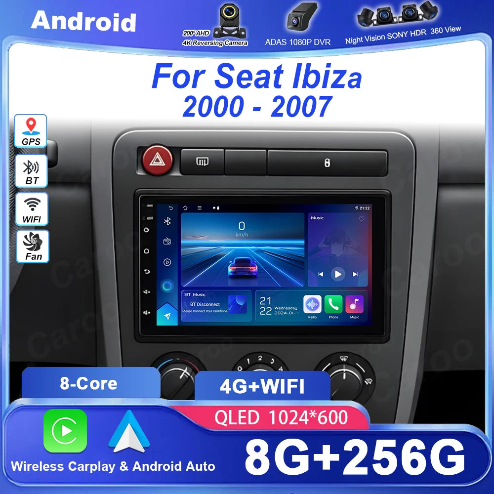 7" Android 16 Car Radio For Seat Ibiza 2000 - 2007 Wireless Carplay Auto Google Map Head U