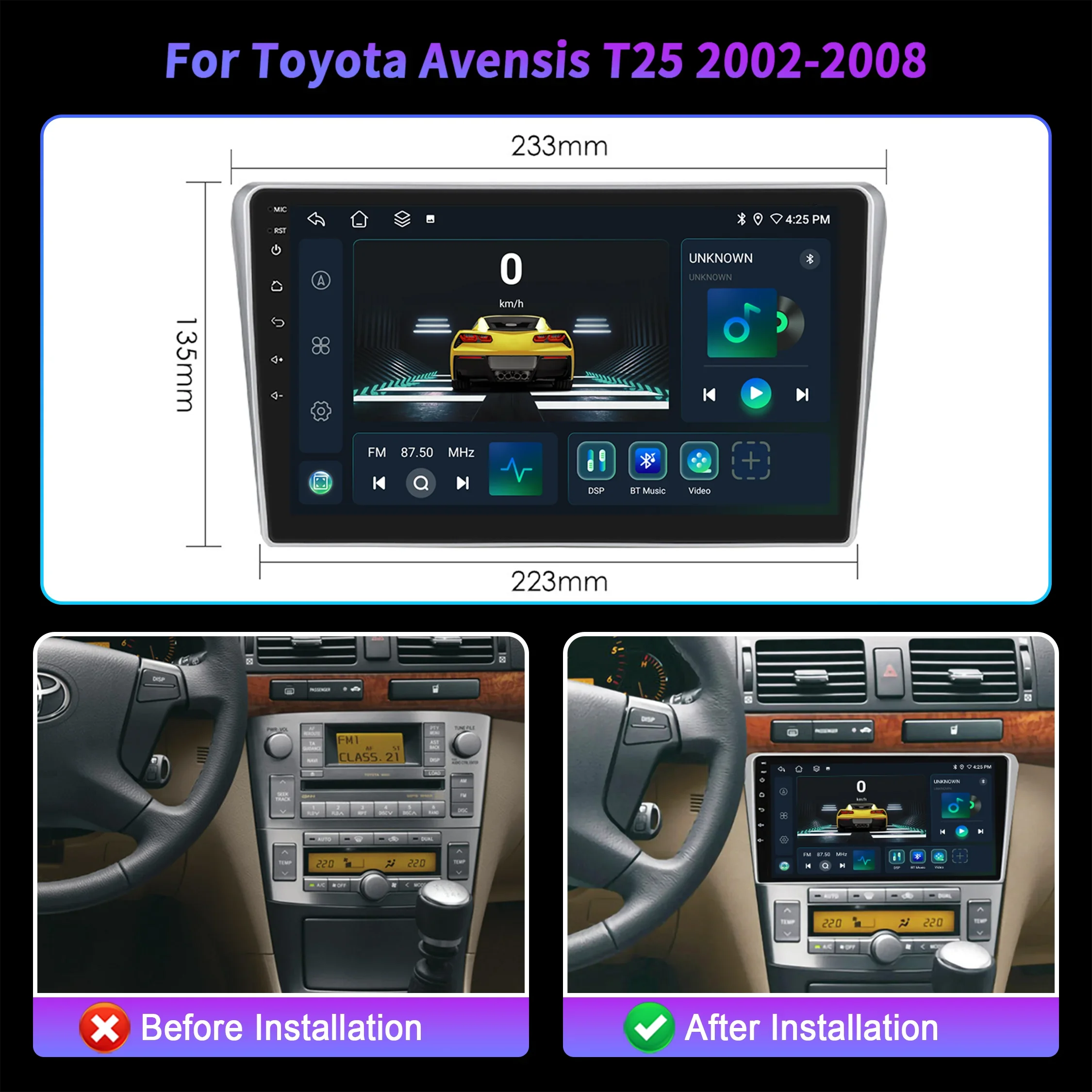 Car Radio Multimedia For Toyota Avensis T25 2002-2008 Android 14 Navigation Multimedia Wir