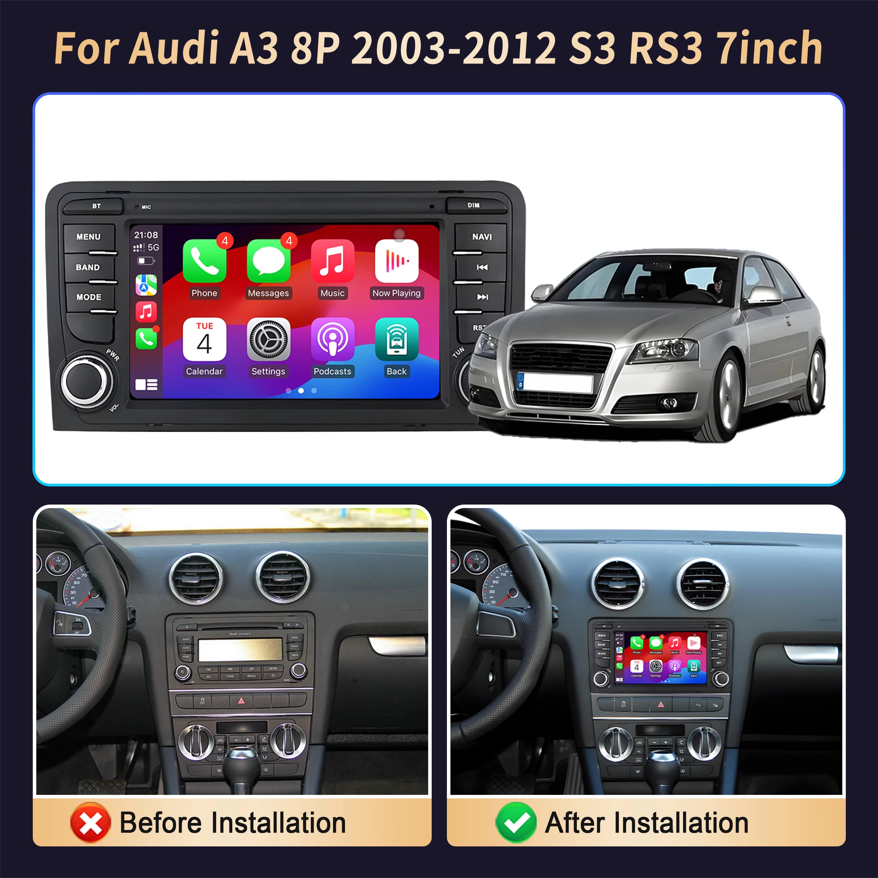 7 inch For Audi A3 8P 2003-2010 2011 2012 S3 RS3 Car Radio Wireless Bluetooth CarPlay Andr