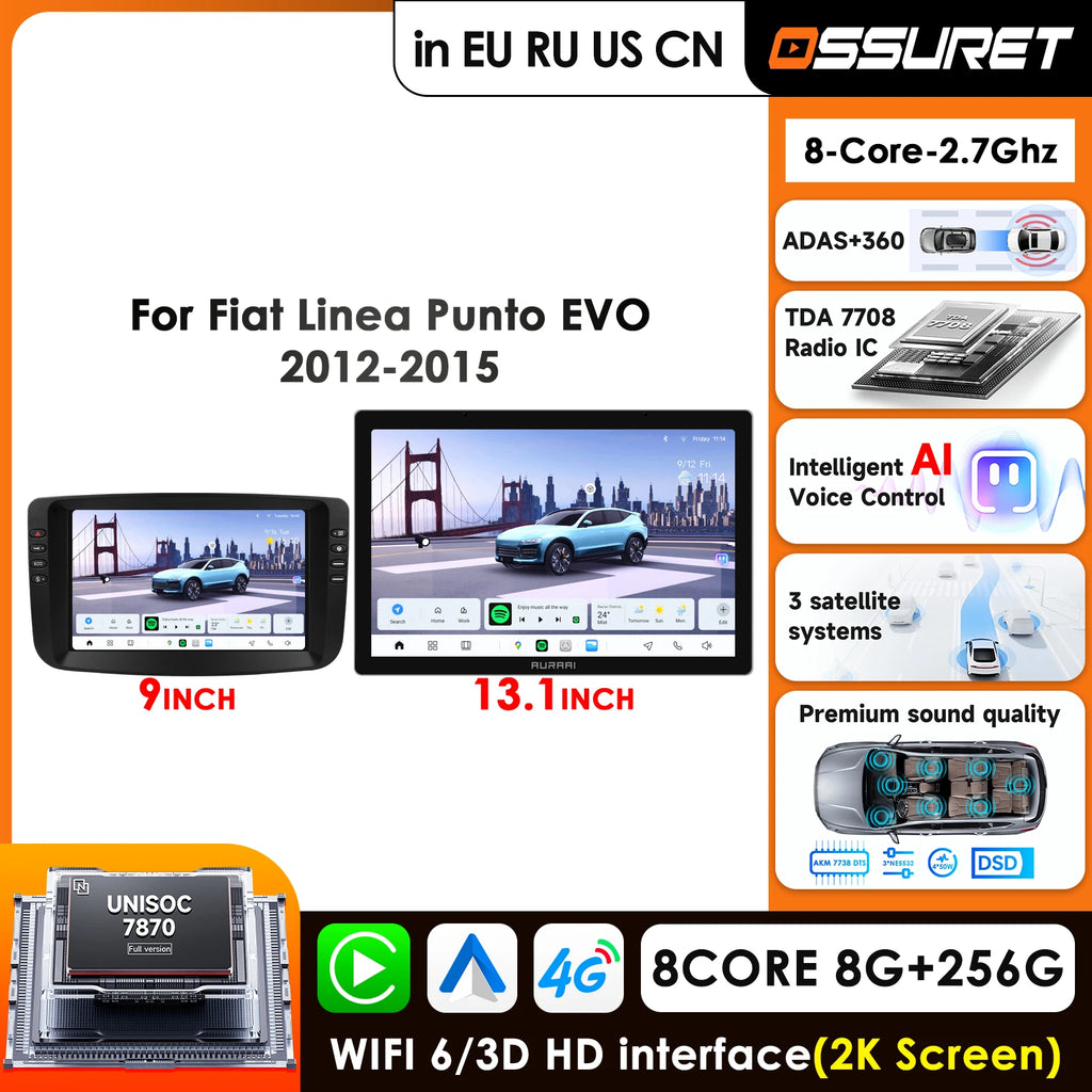 9" Car Radio GPS Navigation for Fiat Linea 2012-2015 Punto EVO - Octa Core 2K Screen Android Auto Carplay