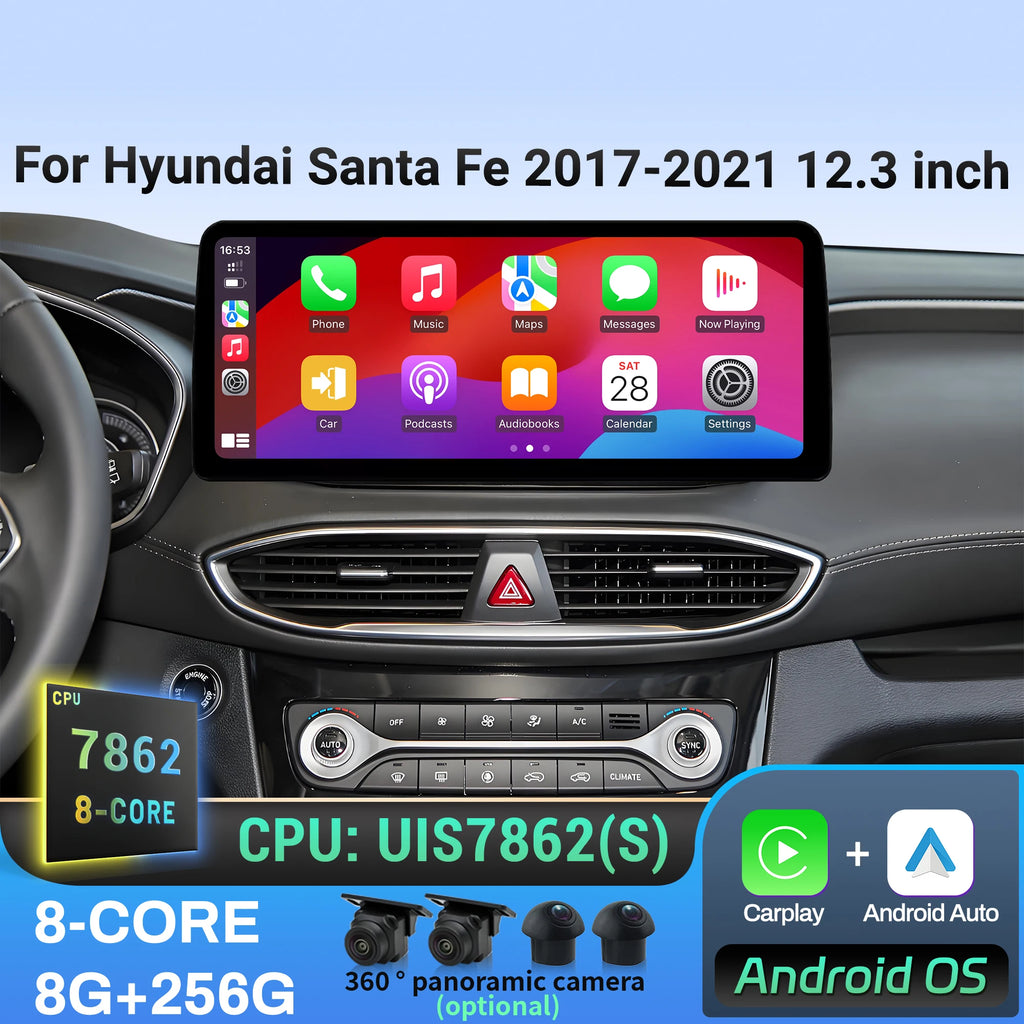 12.3 inch Android 14 For Hyundai Santa Fe 2017-2019 2020 2021 Car Radio Multimedia Navigat