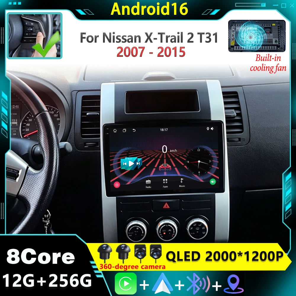 For Nissan X - Trail X Trail 2 T31 2007 - 2015 Android 16 2K QLED Car Radio Multimedia Vid