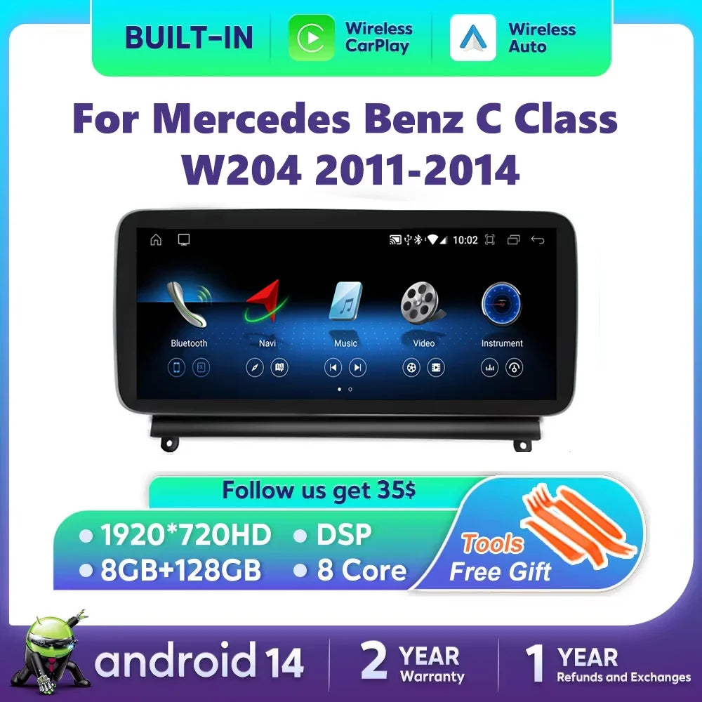 Android 14 Car Radio For Mercedes Benz C Class W204 S204 2007-2015 Wireless CarPlay Multim