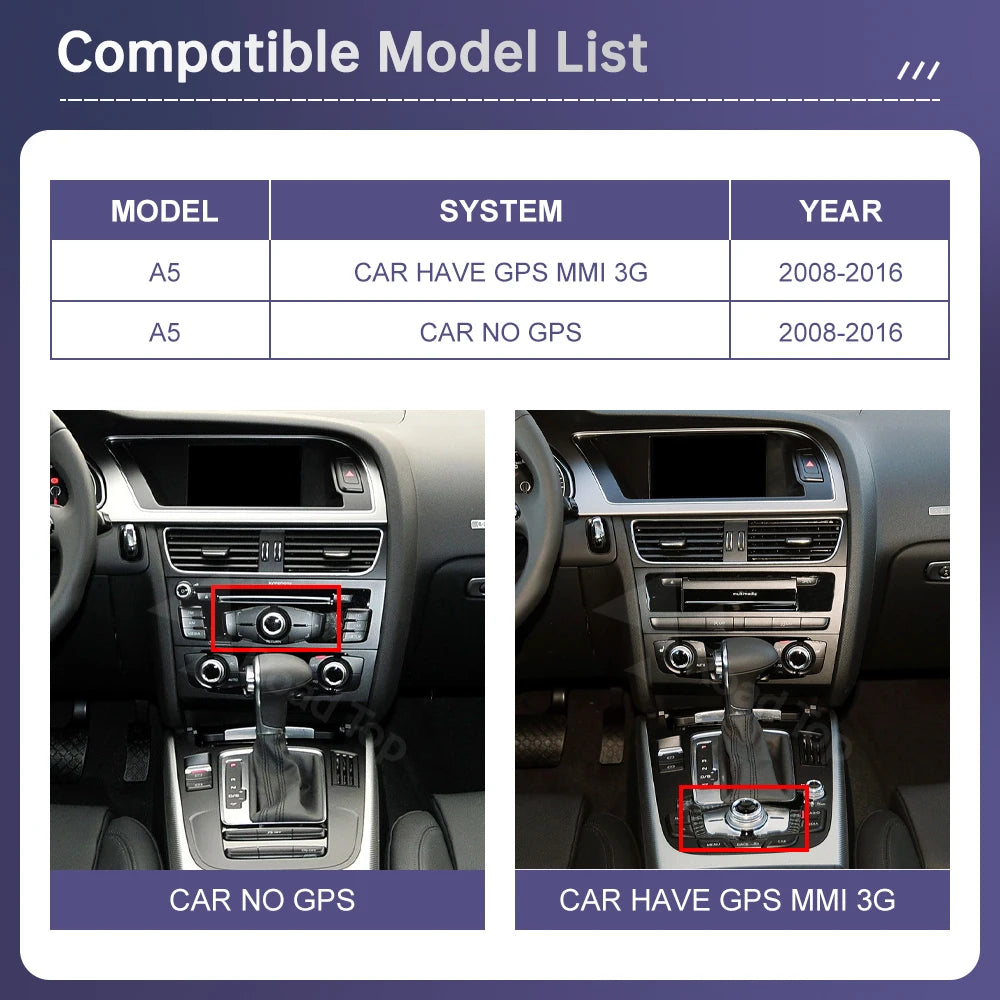 Road Top Linux Screen For Audi A5 2008-2016 Wireless CarPlay Android Auto Airplay Radio Mu