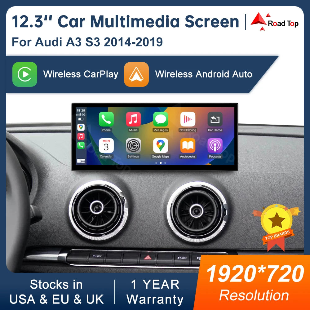 12.3 inch Touch Screen Multimedia Display For Audi A3 2014-2019 Airplay Miracast Function  | AUTOKITSHOP