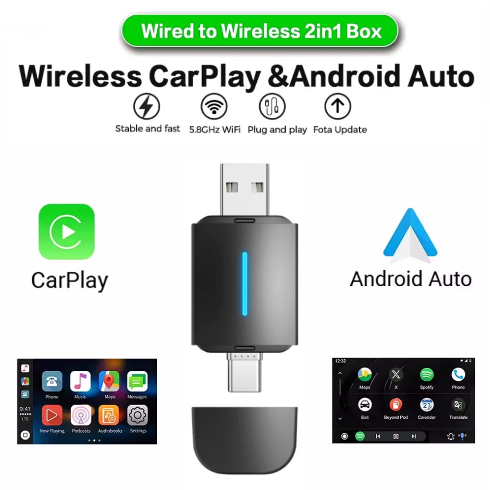 ANYFAR Dual Interface Wireless CarPlay Android Auto Wireless USB TYPE-C Adapter Smart Mini | AUTOKITSHOP
