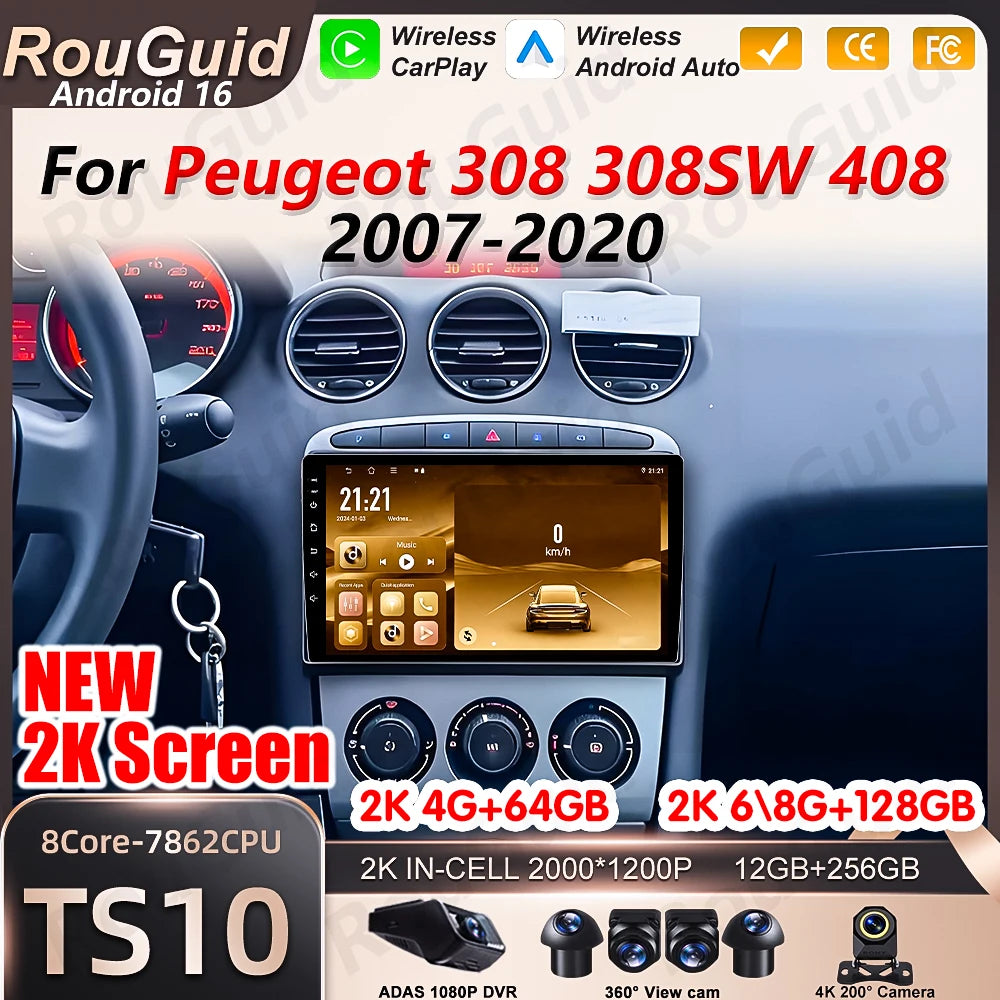 Android 16 Car Radio For Peugeot 308 308SW 408 2007 2008 2009 2010 2011 - 2020 Carplay Vid | AUTOKITSHOP