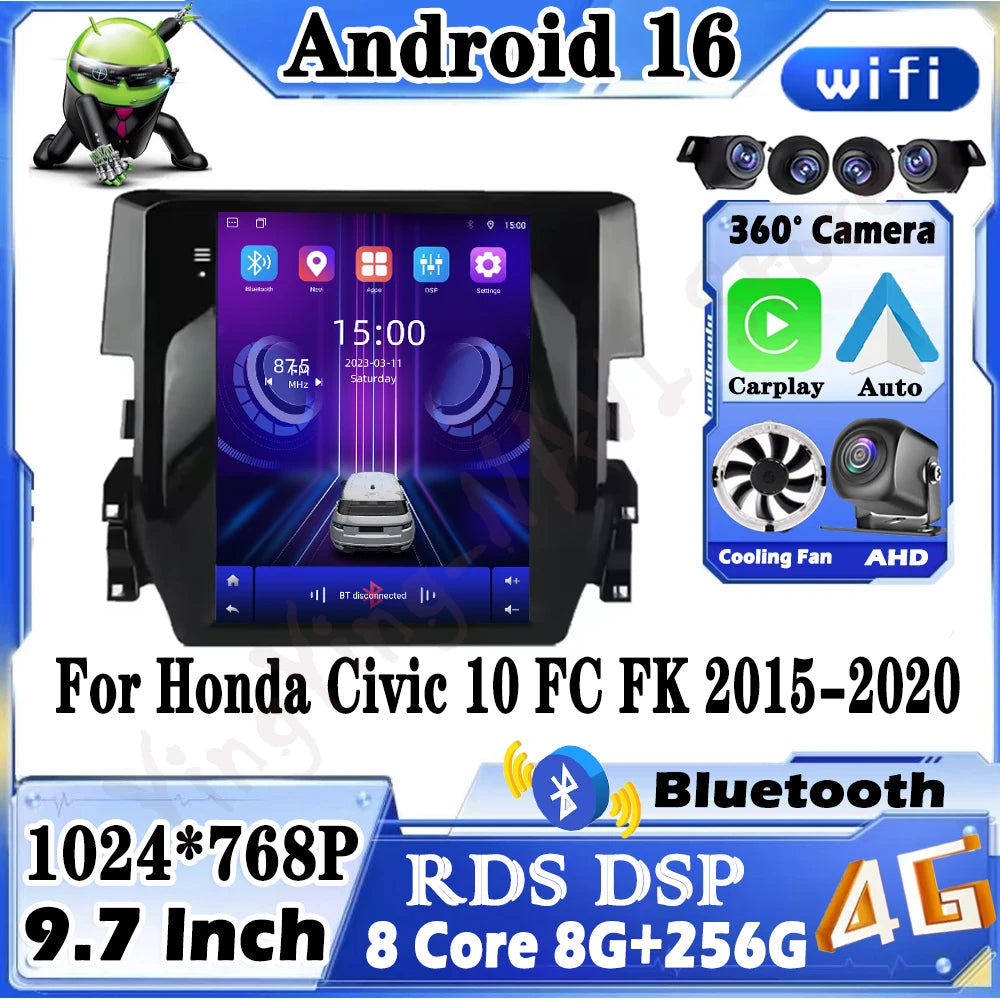 9.7 lnch for Honda Civic 10 FC FK 2015-2020 DSP Stereo Android 16 Wireless Carplay IPS Tou