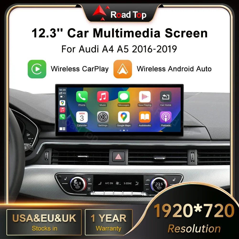 EU RoadTop 12.3 Linux Touch Screen For Audi A4 A5 MIB2 2016-2019 Wireless CarPlay Multimed