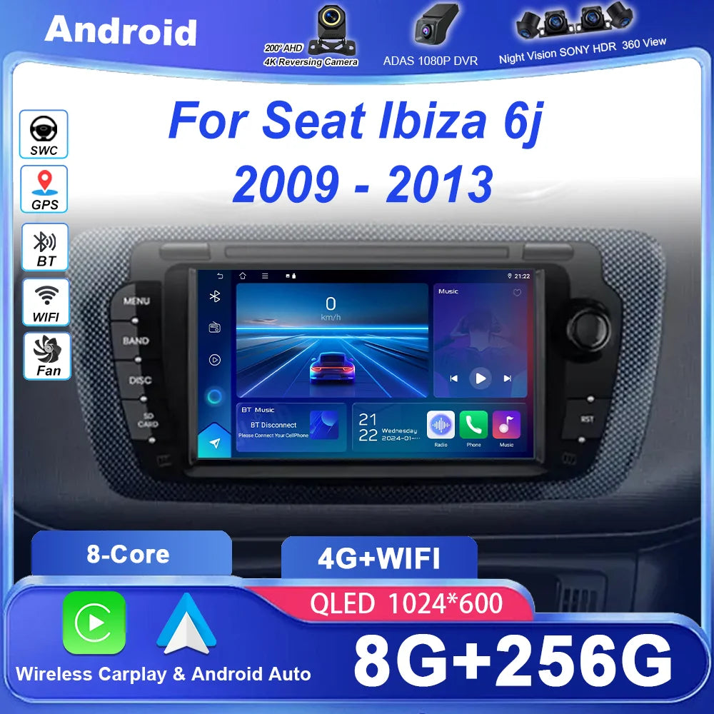 Car Radio For Seat Ibiza 6j 2009-2013 Audio Multimedia Player CarPlay Android Auto GPS Blu