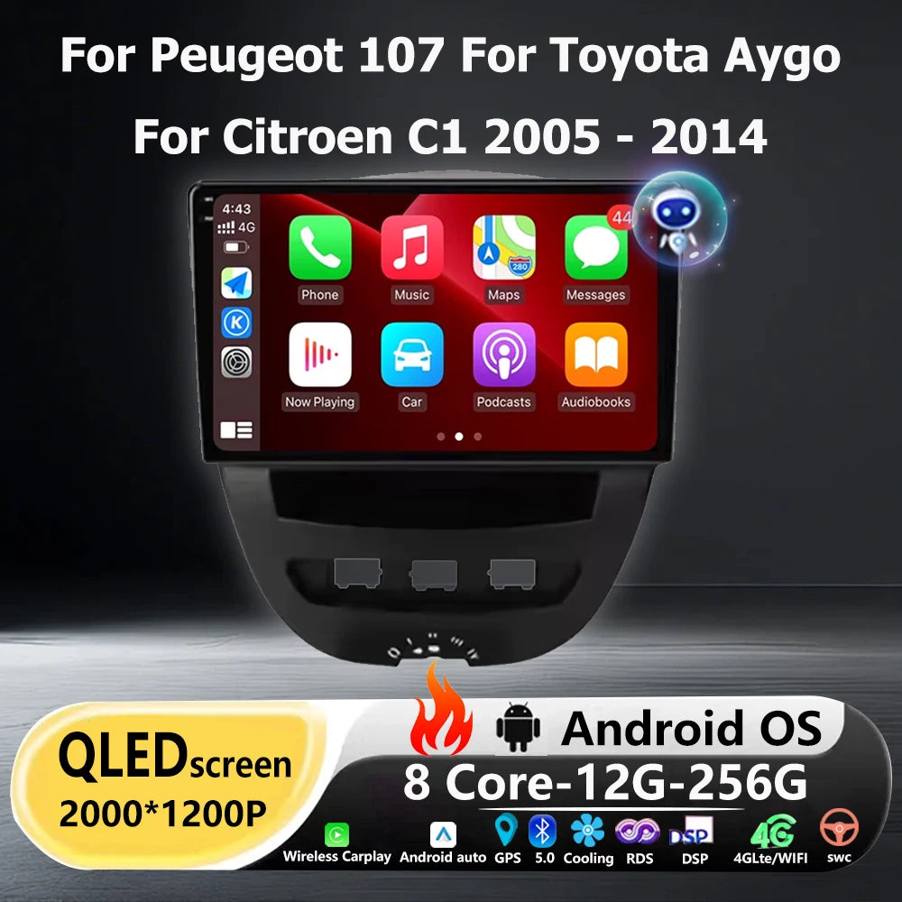 Android 16 For Peugeot 107 For Toyota Aygo For Citroen C1 2005-2014 Car Radio GPS Multimed