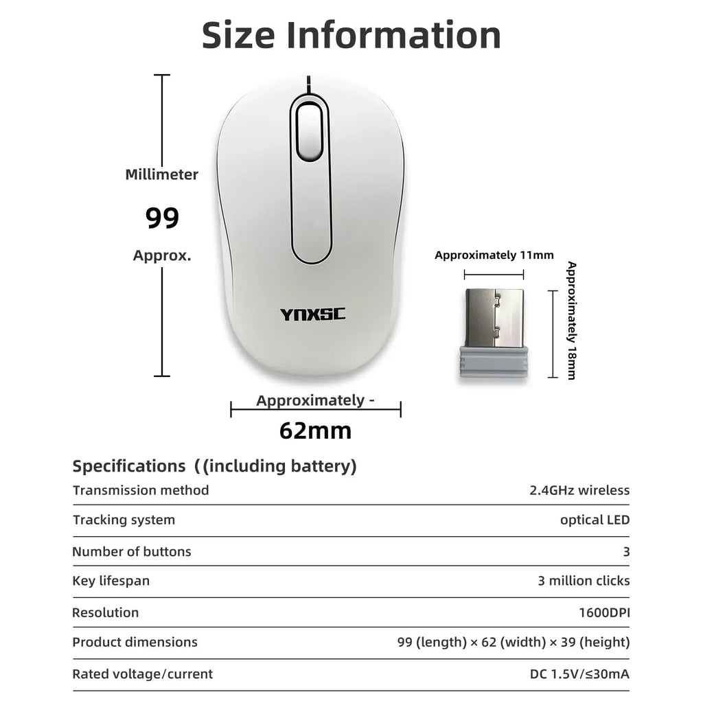 2.4G Wireless Silent Mouse 1600 DPI Mini Portable Optical Ergonomic Computer Laptop for St