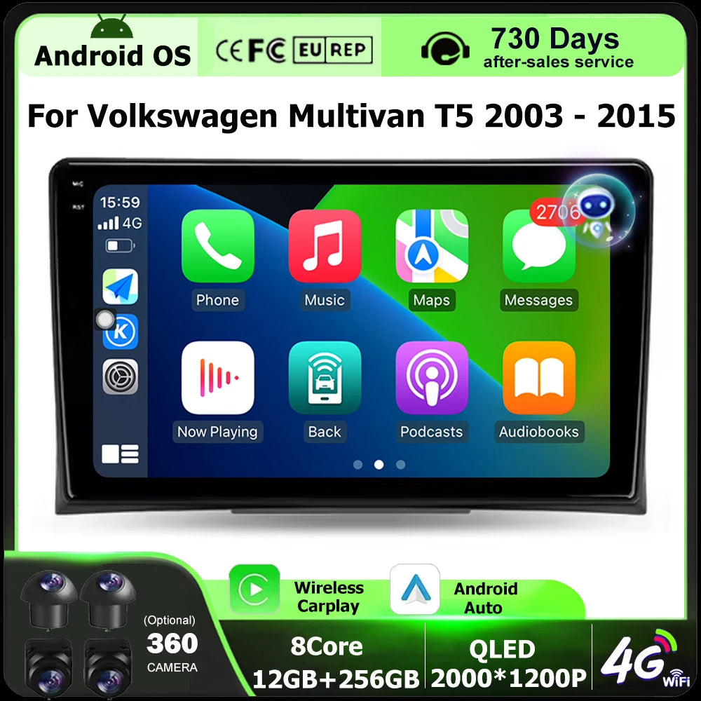 Wireless Carplay For Volkswagen Multivan T5 2003-2015 Android 16 Auto Car Radio Multimedia