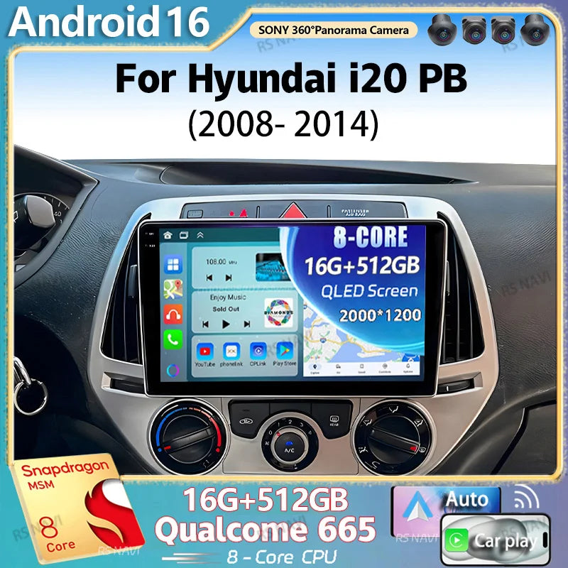 Android 16 For Hyundai i20 PB 2008 - 2014 2K QLED Android Car Radio Multimedia Video Playe