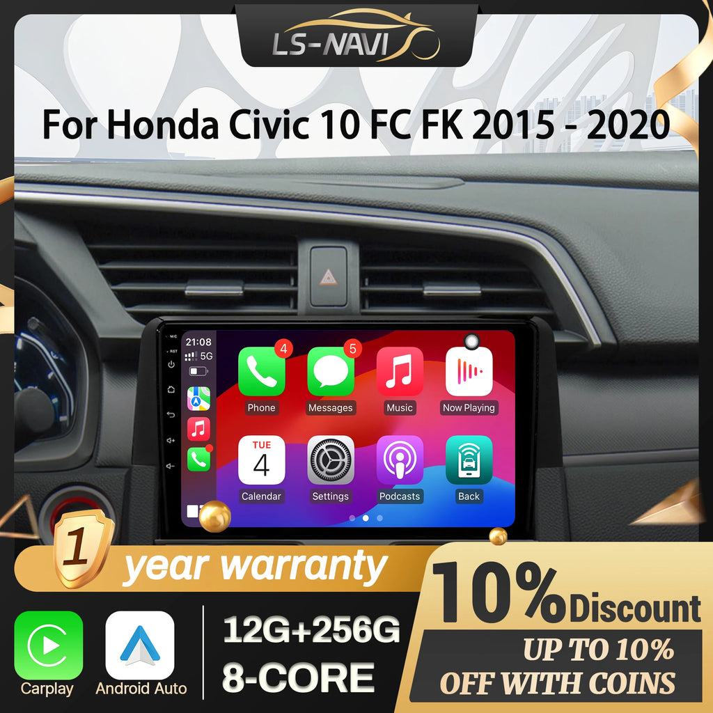 For Honda Civic 10 FC FK 2015-2020 Android 14 Car Radio Multimedia Navigation 4G GPS Wirel