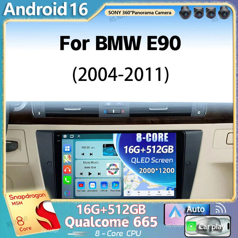 Android 16 For BMW 3 Series E90 E91 E92 E93 2004 - 2011 2K QLED Android Car Radio Multimed