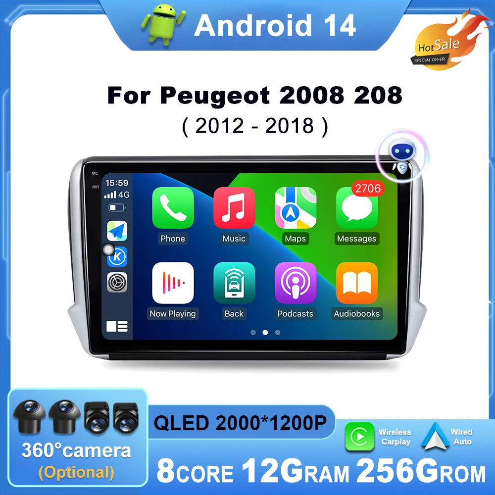 9 inch QLED Android14 For Peugeot 2008 208 Series 2012 2013 2014 - 2018 Car Radio Multimed