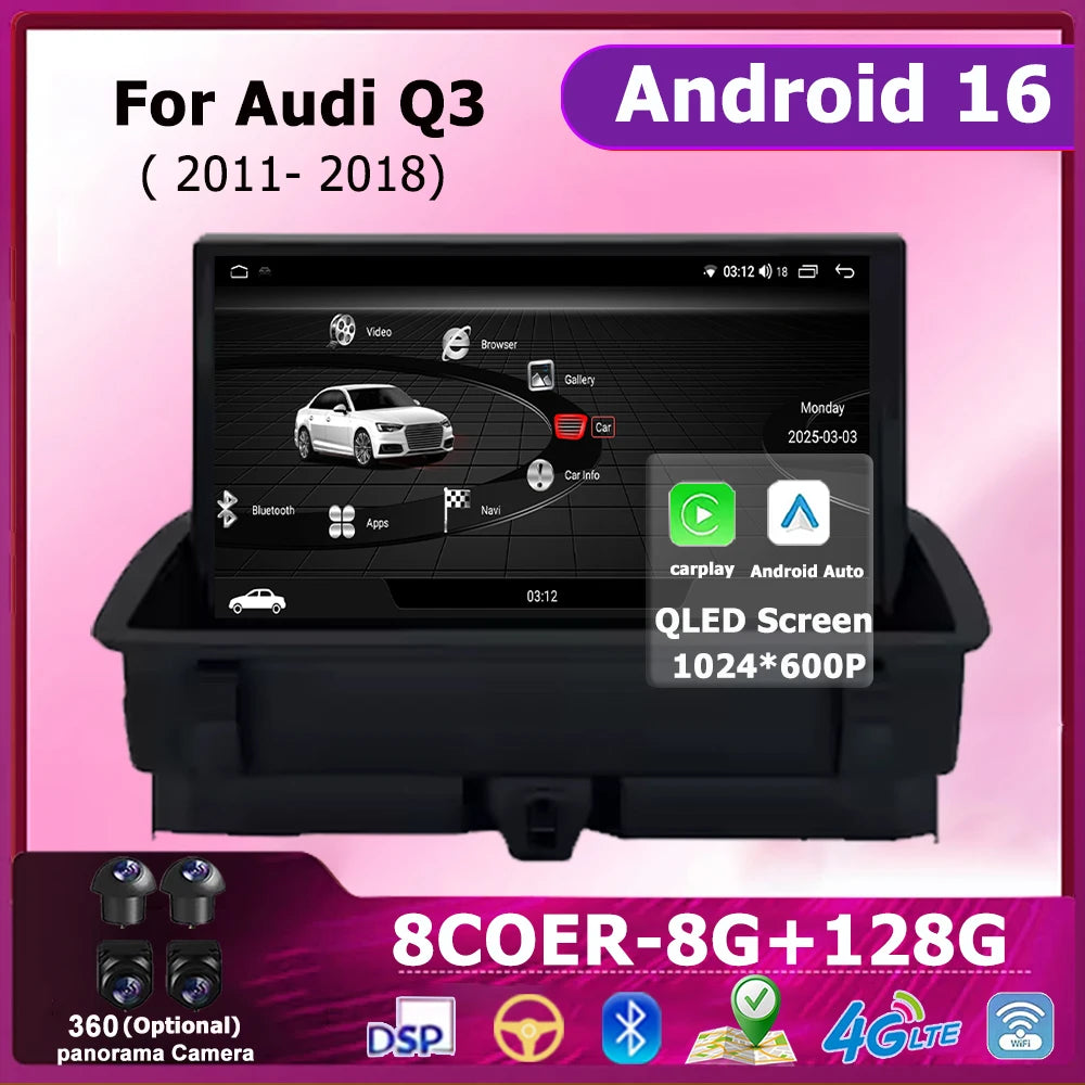 Car Multimedia 8 inch Touch Screen For Audi Q3 2011 - 2018 Wireless CarPlay Android 16 Rad