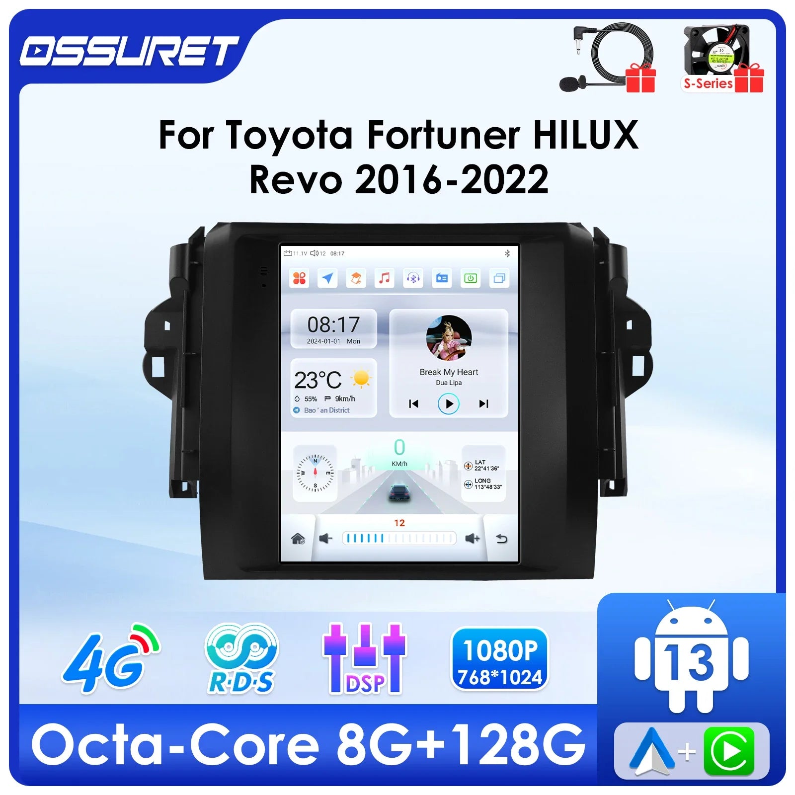 9.7"Carplay Android 14 Car radio for Toyota Fortuner Hilux Revo 2016-2022 multimedia Video