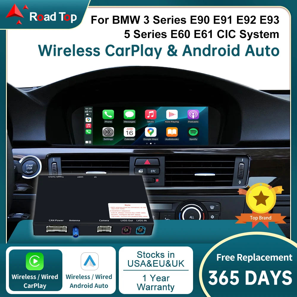 RoadTop Wireless CarPlay for BMW Series 3 5 E90 E91 E92 E93 E60 E61 CIC 2008-2013 with And