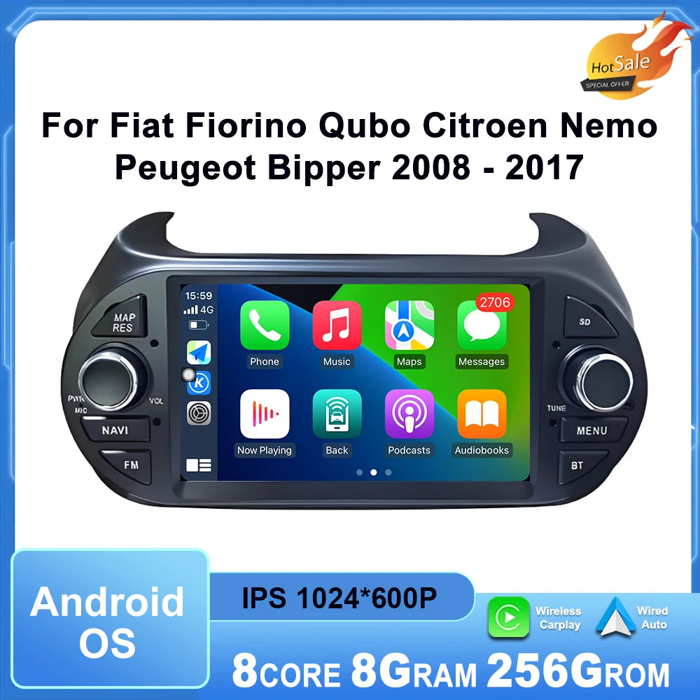 Android OS Car Radio for Fiat Fiorino Qubo Citroen Nemo Peugeot Bipper 2008-2017 Multimedi