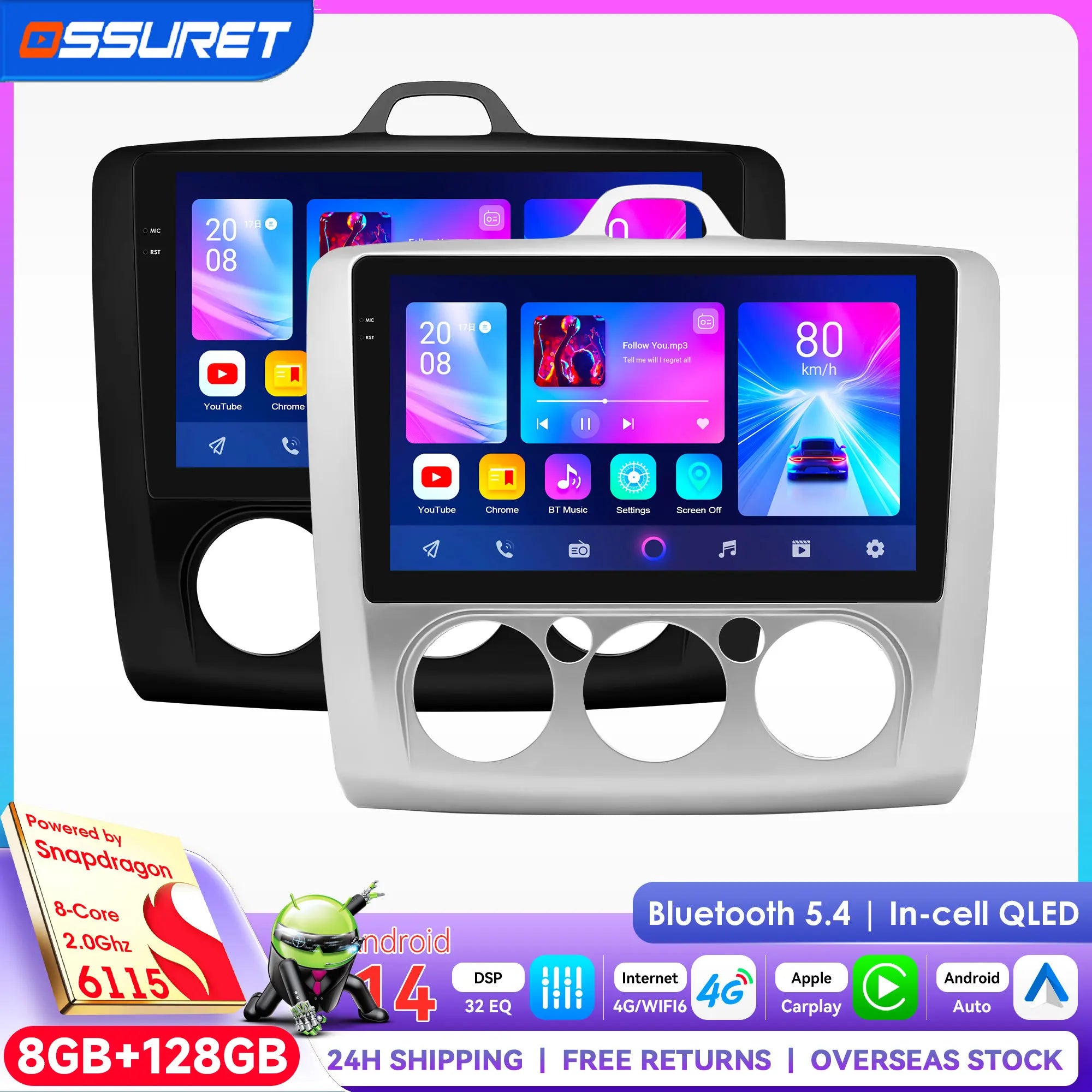 12.3" Car Radio GPS Android 14 Multimedia Player for Ford Focus 2 3 Mk2 Mk3 2004-2011 - 360 Camera Carplay Auto Stereo