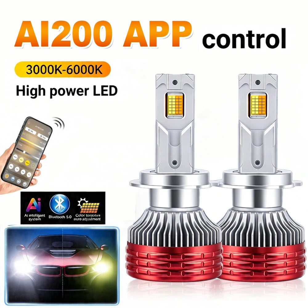 H7 LED Headlight Bluetooth APP Control 12V 3000-6000K Smart LED 48pcs Chip High Power for