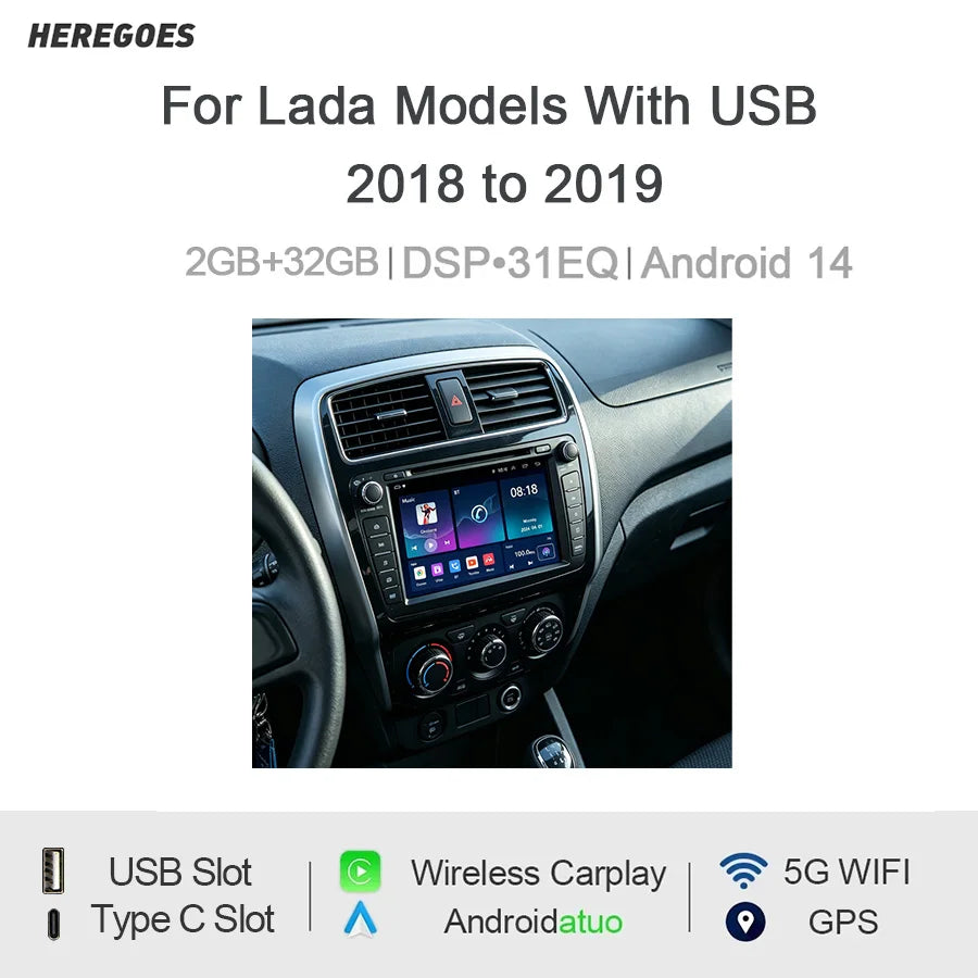 7" Android Car Radio GPS Type-C for Lada Models 2018-2019 Wireless CarPlay Android Auto Bluetooth Steering Control