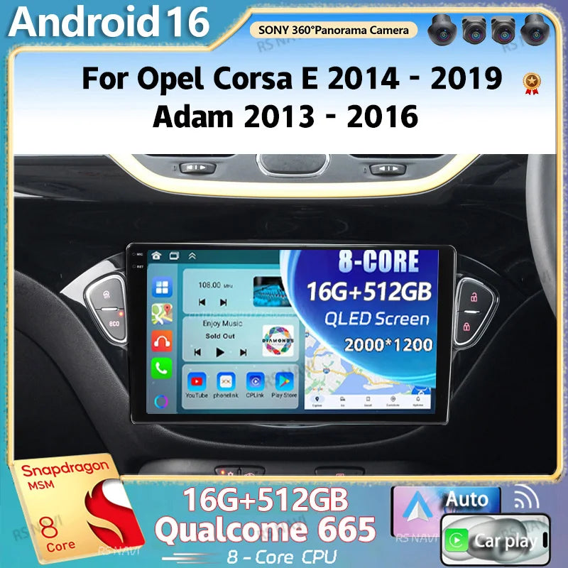 Qualcomm Android 16 For Opel Corsa E 2014 - 2019 Adam 2013 - 2016 2K QLED Stereo Car Radio
