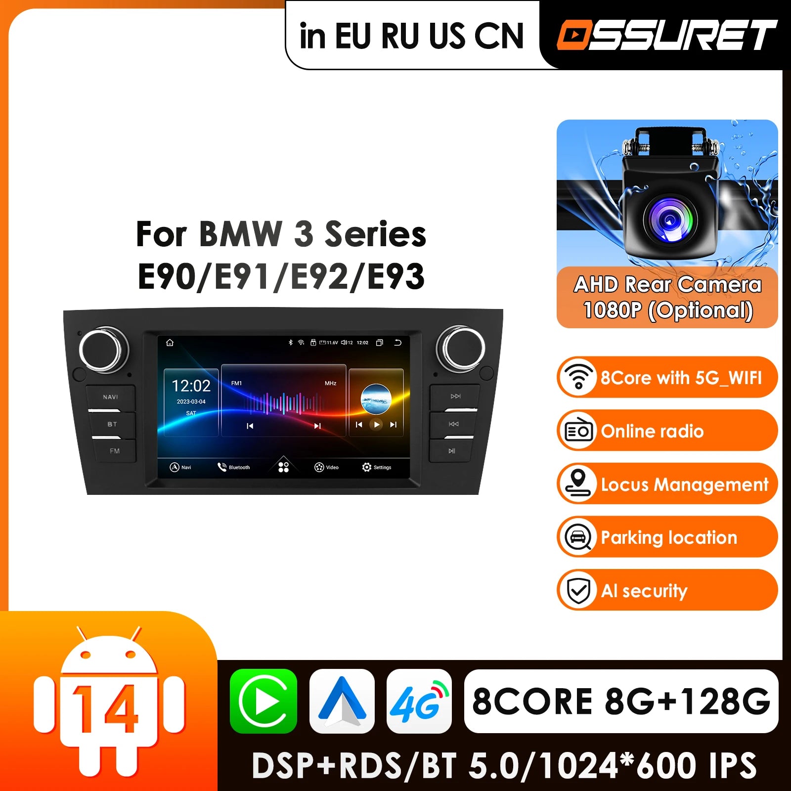 12.3" Car Radio GPS for BMW 3 Series E90 E91 E92 E93 2005-2013 - Android 14 Carplay Multimedia Player Stereo
