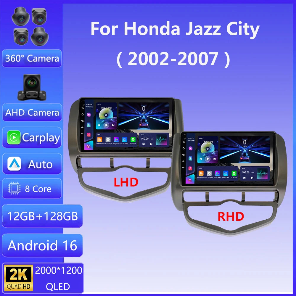 QLED 4G 2 Din Android 16 auto Car Radio Multimedia For Honda LHD JAZZ City 2002-2007 GPS C