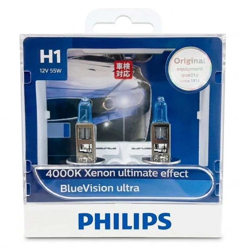 Philips H1 BlueVision Ultra Car Halogen Head Lamps P14.5s 4000K Xenon White Light 12V 55W