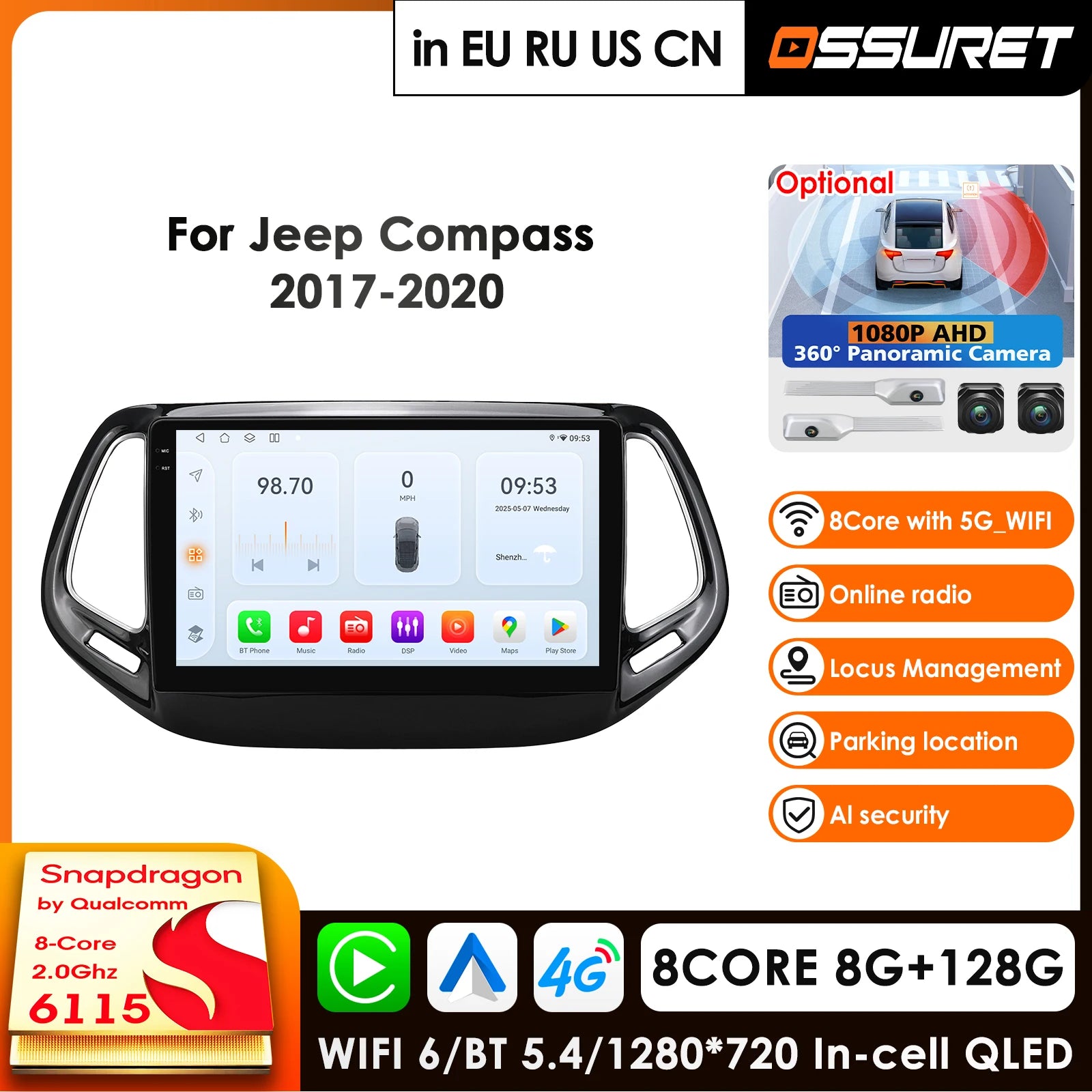 12.3" Car Radio GPS for Jeep Compass 2017-2020 with 360° Camera 4G LTE Android Auto Carplay - 8Core 2.0GHz Bluetooth RDS