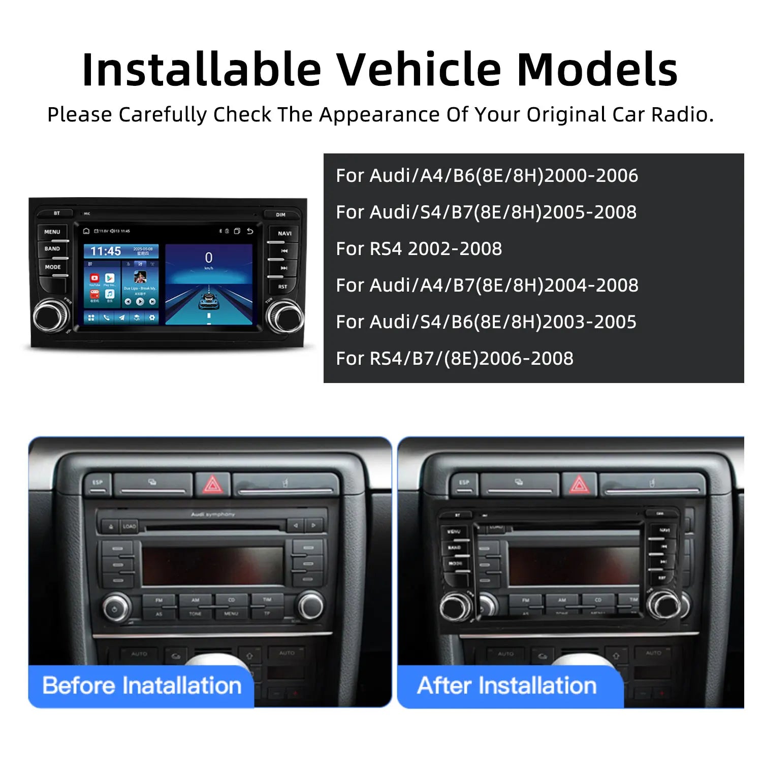 7 Inch Wireless CarPlay Android Multimedia Radio Display with GPS Antenna for Audi A4 B6 2