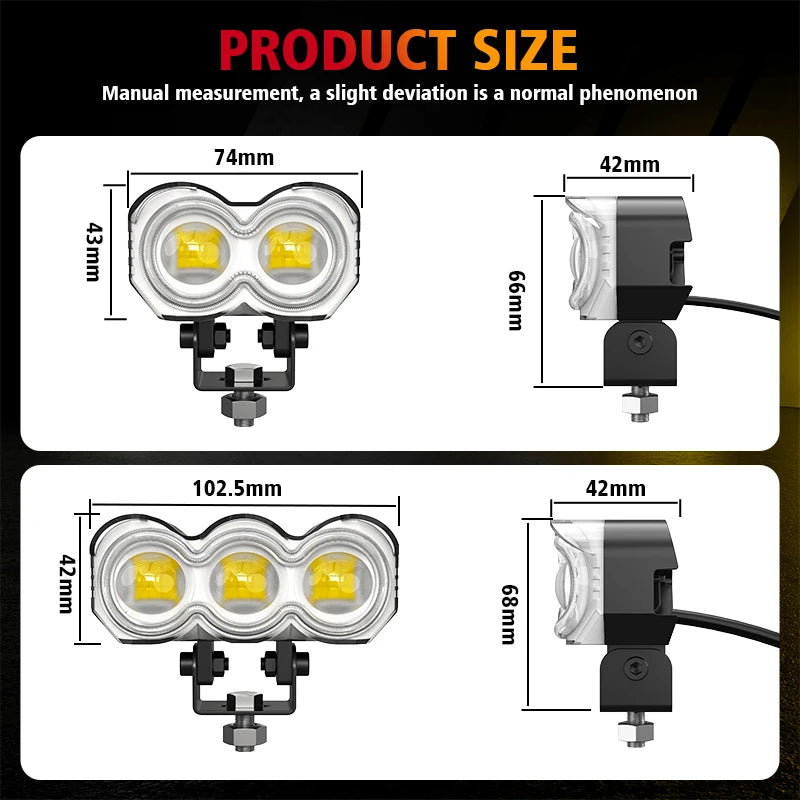2/3 Lens Motorcycle LED Spotlight Headlight Flash Strobe Light 2 Lens Hi/Low Beam Driving