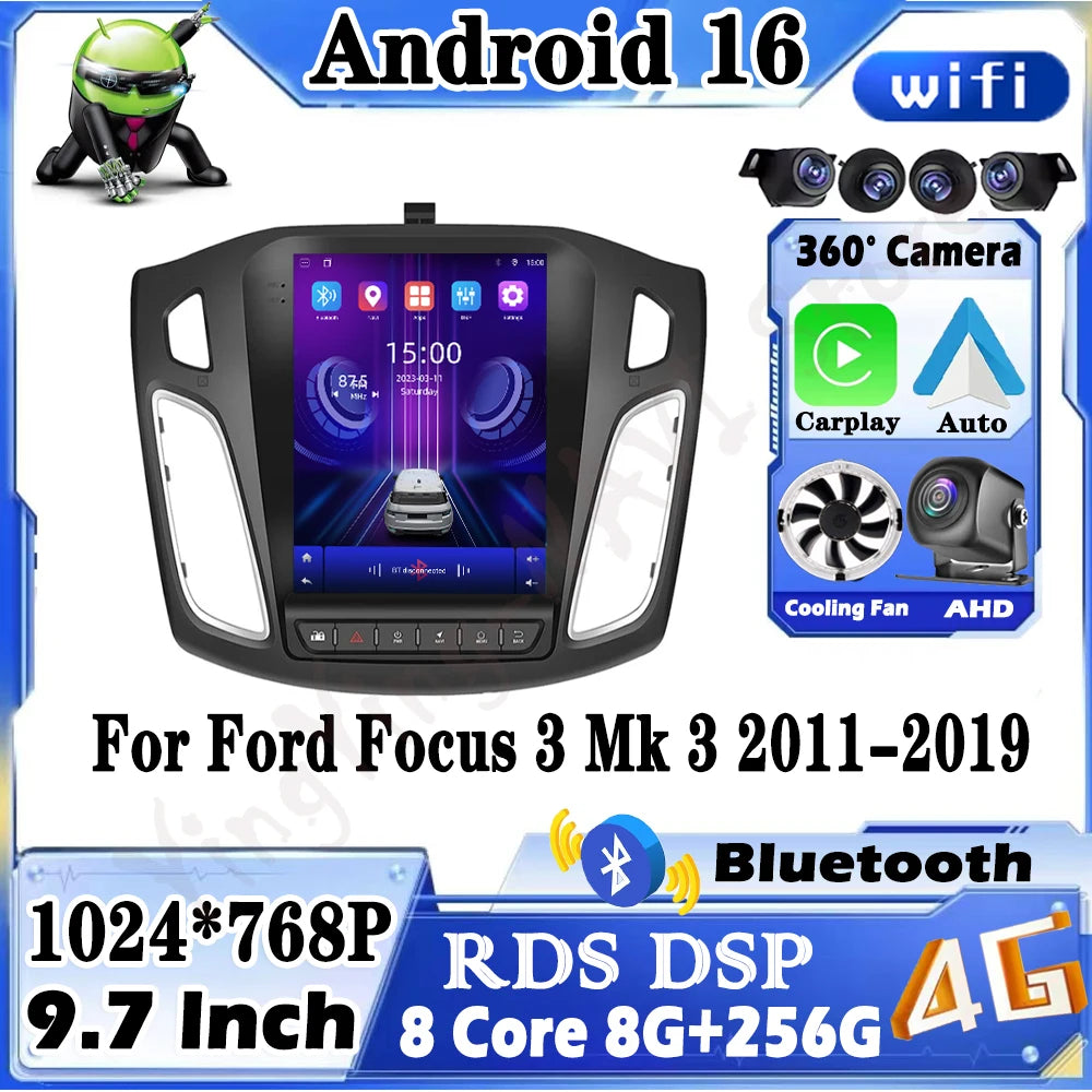 Android 16 Car Radio Stereo for Ford Focus 3 Mk 3 2011-2019 GPS Navigation Steering Wheel