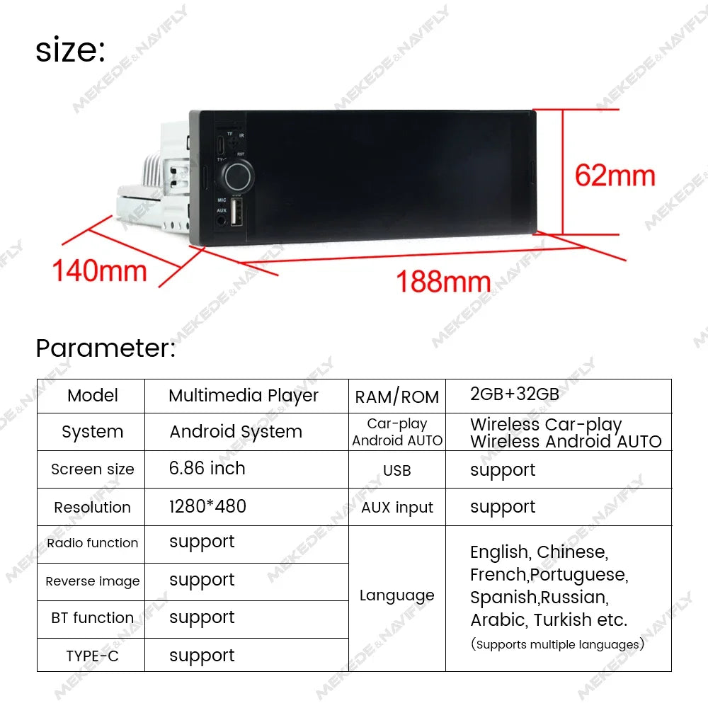 Android 6.86inch 1din Universal Car Multimedia Wireless Carplay Android Auto HD Touch Scre | AUTOKITSHOP