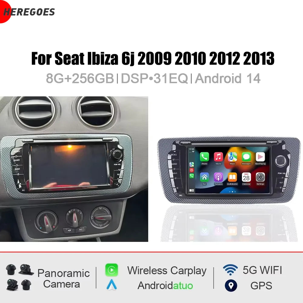 7" CarPlay Android 15.0 8 Core 12GB RAM 256GB ROM Car Radio GPS WiFi Autoradio Multimedia for Seat Ibiza 6J 2009-2013 -