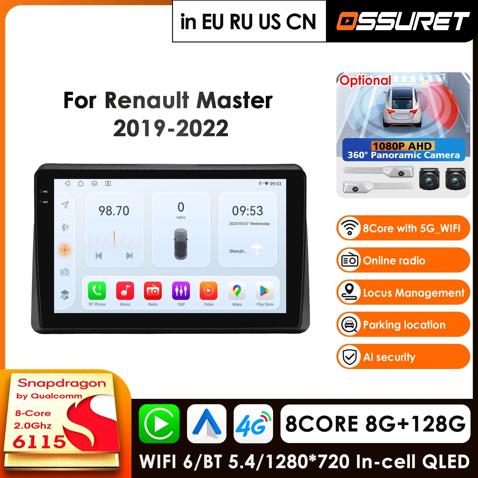 12.3" Car Radio GPS for Renault Master 2019-2022 - 4G LTE 360Cam Android Carplay Multimedia Player with Qualcomm 8Core